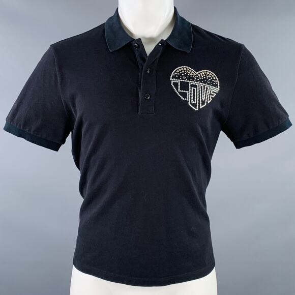 VALENTINO Size M Love Black Studded Heart Cotton Pique Buttoned Polo - Picture 1 of 7